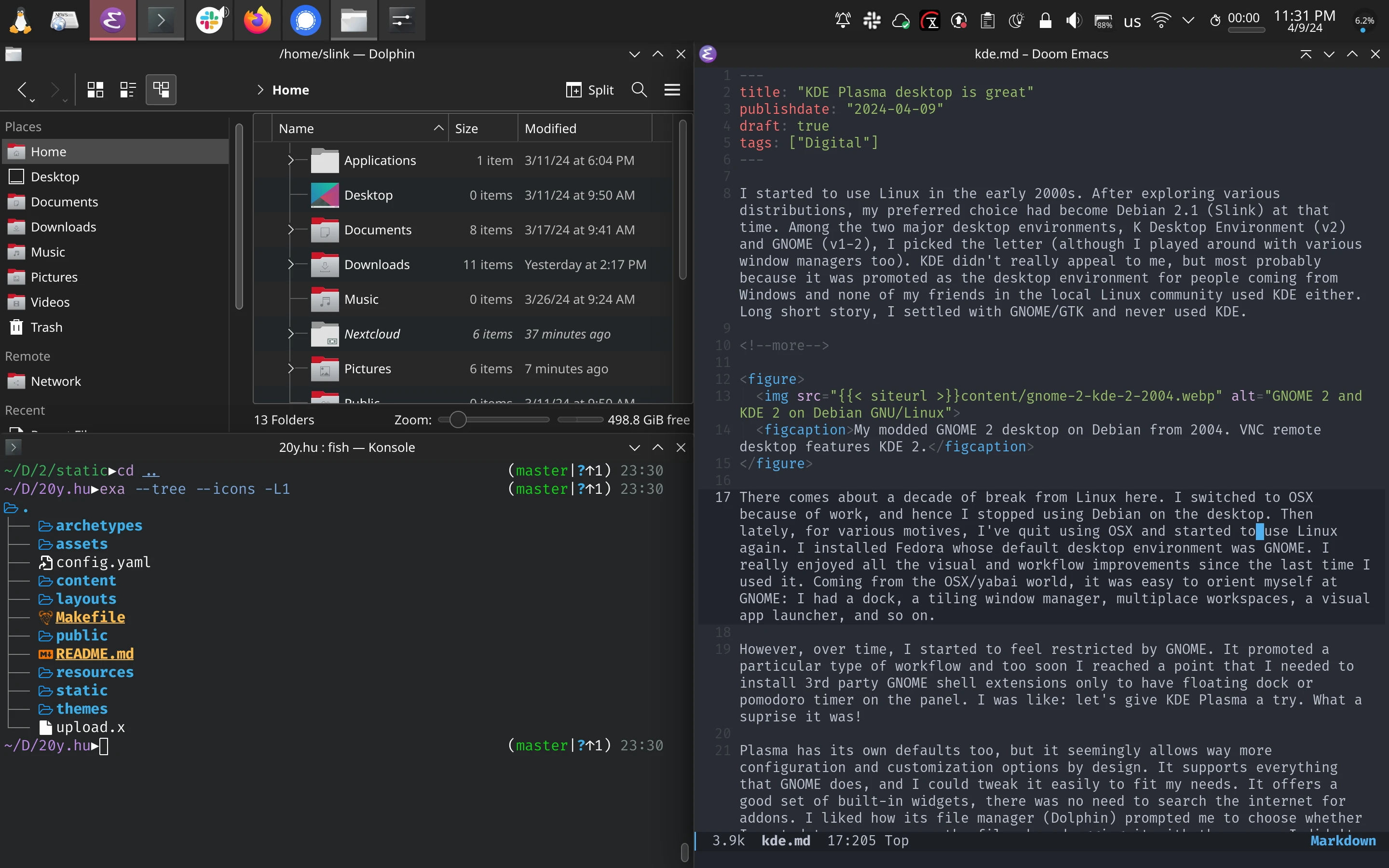 Dolphin file manager, Konsole terminal emulator, and GNU Emacs in split view on KDE Plasma 5 on Tuxedo Linux 2