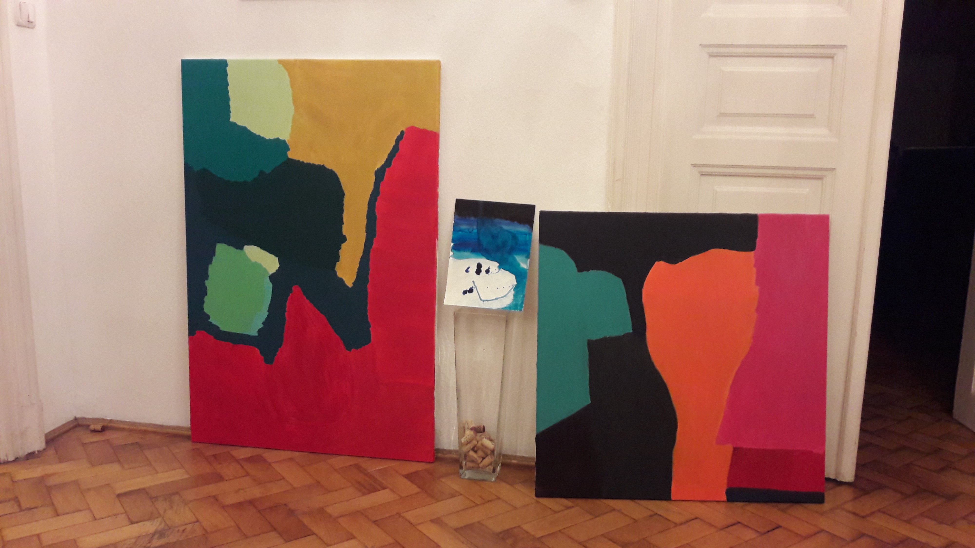 Two of my latest paintings (left and right) and the very first one (middle)